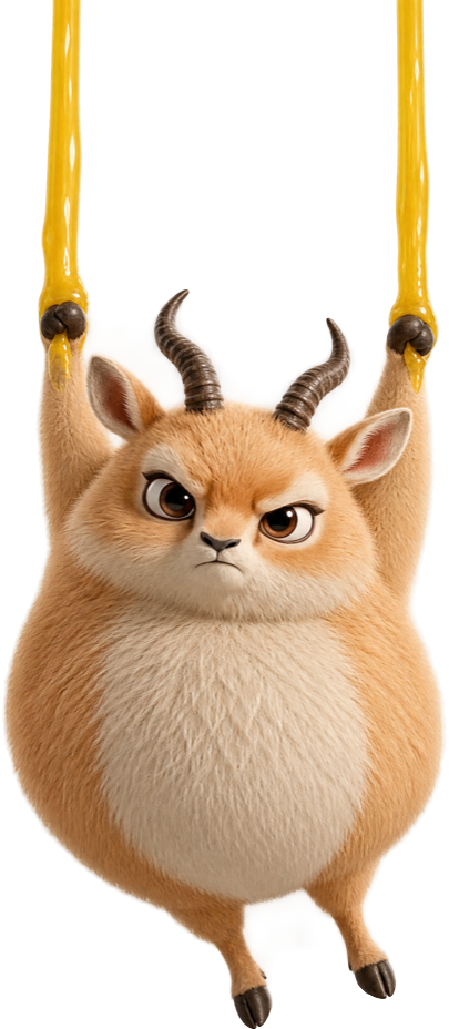 Ahoo the deer hanging from two strands of yellow glue